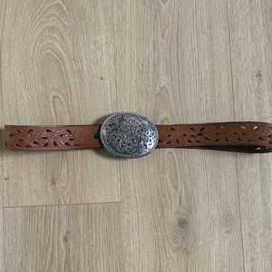 Tony Lama Brown Tooled Leather Western Belt with Ornate Silver Buckle